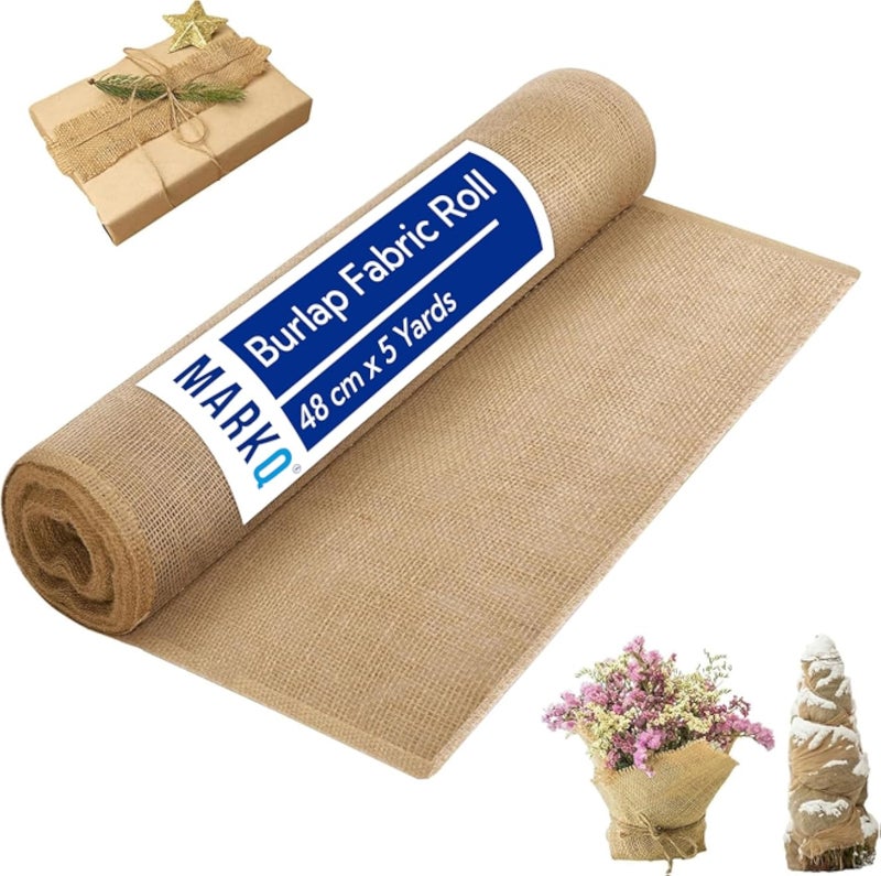 MARKQ Burlap Fabric Roll 48 cm x 5 yards | Jute Hessian Cloth Table Runner for Crafts, Christmas, Kitchen, Wedding, Party Decor, Table Cloth | Jute Roll | Table Runner | 1 Roll
